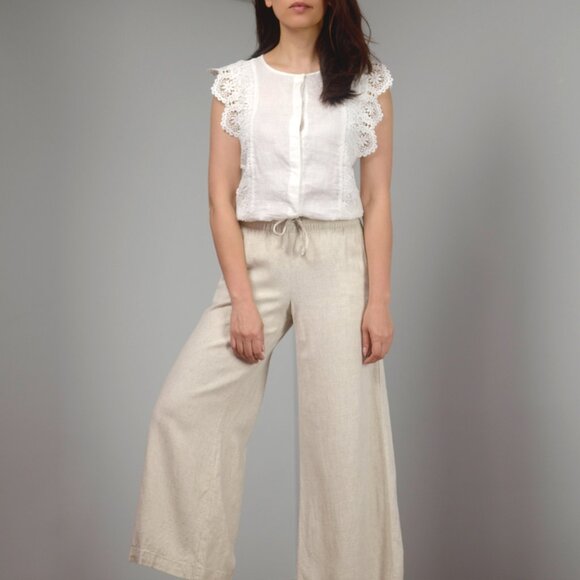 H&M Linen Blend Drawstring Pants, Lightweight Loose Oatmeal Summer Pants, sz XXS - Picture 1 of 11
